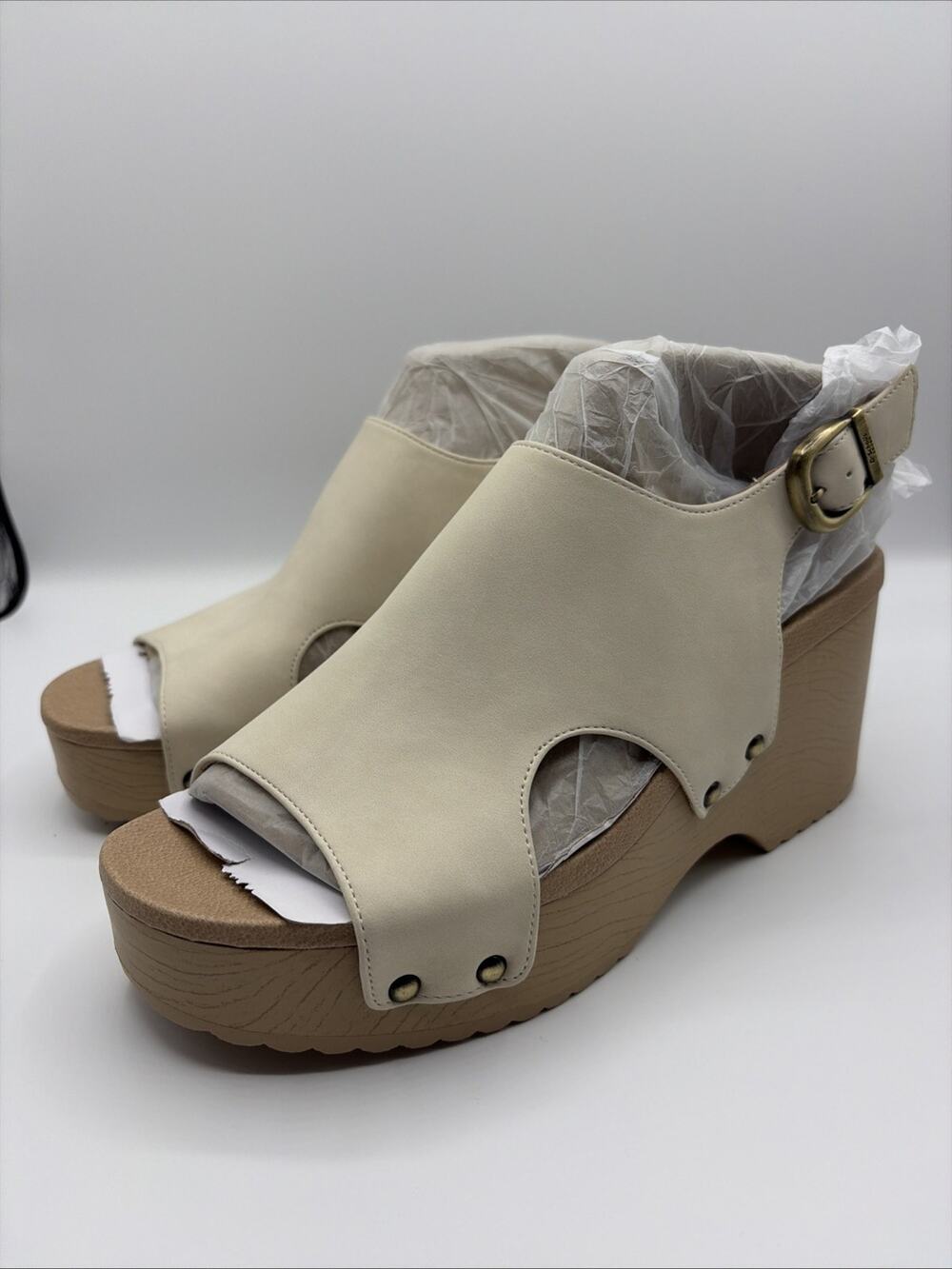 Dr. Scholls Women Wrenlee Wedge Platform Block Heel Sandal White Beige Sz 8 New